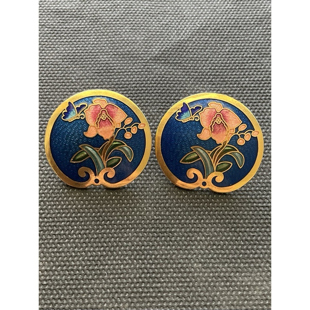 vintage 1980s floral Butterfly cloisonné earrings Signed SG Enamel Estate Jewelr